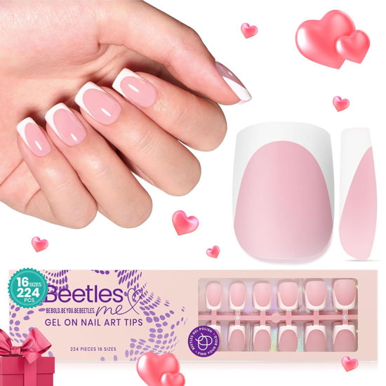 Picture of Beetles French Tip Press On Nails: Valentines Day Gifts for Her 224 Pcs Pink Short Square Press On Nails 4 in 1 Nail Tips 16 Sizes, Pre-Applied Primer and Base Coat, No File Need DIY Manicure