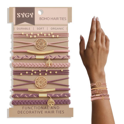 Picture of 10 PCS Hair Ties Bracelets, Boho Hair Ties for Thick & Thin Hair, Cute Stretch Bracelets, Braided Hair Ties for Ponytail Holders, 5 Styles Hair Ties No-Damage, Pink