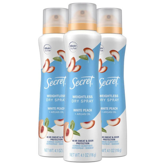 Picture of Secret Dry Spray Antiperspirant Deodorant for Women, 48hr Weightless Sweat & Odor Protection, Gentle on Skin, White Peach & Argan Oil Scent, 4.1 oz (Pack of 3)