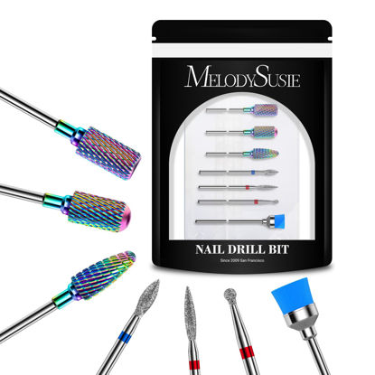 Picture of MelodySusie Nail Drill Bits Set, 7pcs Tungsten Carbide Diamond Nail Drill Bits for Acrylic Nails Poly Gel Cuticle Remove, 3/32'' Professional Nail Bits for Nail Drill Efile, Manicure Pedicure Tools