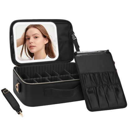 Picture of Chomeiu Makeup Bag with LED Mirror, Travel Cosmetic Train Case for Women, Makeup Artists Large Organizer Box with Vanity Light Up Mirror, 3 Color Lights, Adjustable Dividers & Shoulder Strap (Black)
