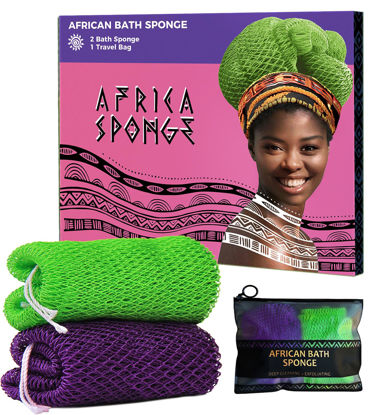 Picture of African Net Sponge Authentic - 2 Pieces Real African Loofah Shower Sponges - Body Scrubber Exfoliating Washcloth Purple & Green - Africa Bath Sponges for Back Scrubber Shower Accessories
