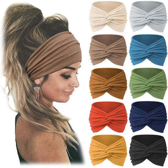 Picture of Jesries 10 PCS Women Headbands African Wide Hair Wrap Extra Turban Head Bands for Lady Large Sport Workout Stretch Non-slip Big Hair Bands