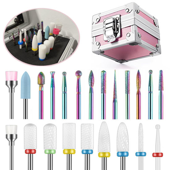 Picture of Depvko 25Pcs Nail Drill Bits Set with Portable Pink Case, 3/32 Inch Drill Bits for Nails, Ceramic Diamond Carbide Cuticle Nail Bits effile Remover Bits bits for Home Salon Acrylic Gel Nail Polish