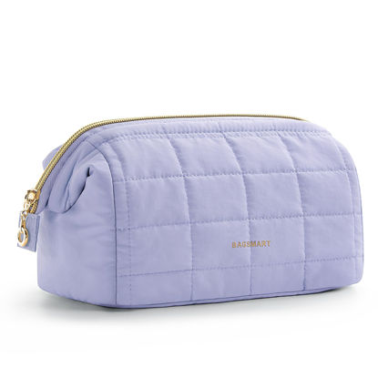 Picture of BAGSMART Makeup Bag Cosmetic Bag Wide Open, Purple, M, Wide-open Travel Makeup Bag With Puffy Padded and Rectangular Quilted