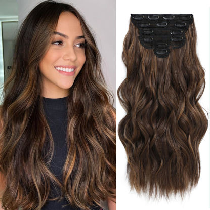 Picture of Fliace Highlight balayage dark brown Hairpieces, Natural & Blends Well Clip in Hair Extensions (20inch, 6pcs, Light Brown&Honey Blonde)