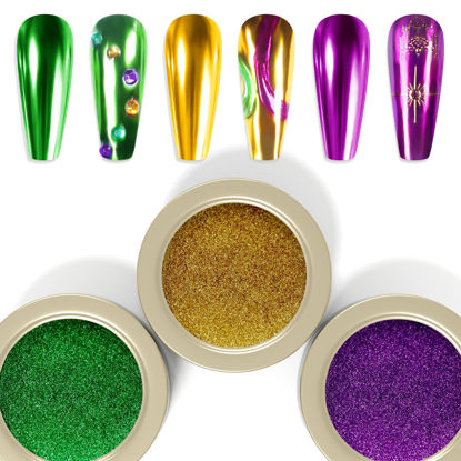 Picture of Laza 3 Colors Mardi Gras Chrome Nail Powder Mirror Effect Metallic Dust Holographic Glitter Manicure Decoration Reflective Pigment for DIY Gel Polish Nail Art, Resin Craft, Gifts - Gold Green Purple