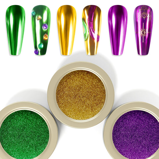 Picture of Laza 3 Colors Mardi Gras Chrome Nail Powder Mirror Effect Metallic Dust Holographic Glitter Manicure Decoration Reflective Pigment for DIY Gel Polish Nail Art, Resin Craft, Gifts - Gold Green Purple