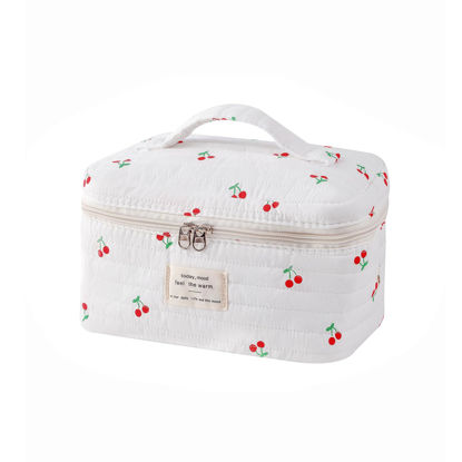 Picture of uekeboag Large Travel Quilted Makeup Bag for Women, Floral Cotton Cosmetic Bag, Coquette Aesthetic Floral Toiletry Organizer Bag(12Striated Cherry