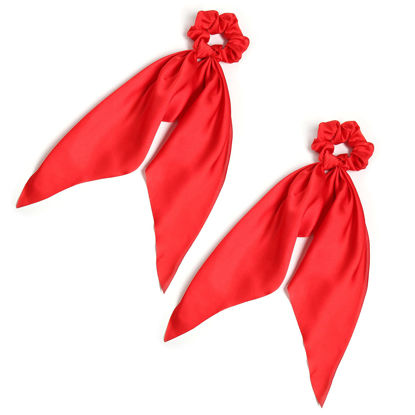 Picture of Pack of 2 Knotted Bow Hair Scrunchies Elastic Hair Scarf Black Hair Ties Bands Satin Hair Ribbon Scrunchy Red Ponytail Holder for Women and Girls (Red)