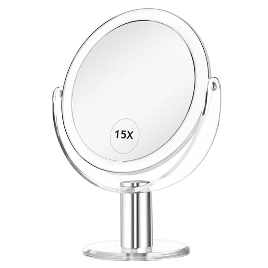 Picture of CLSEVXY Vanity Mirror with Stand, 1X/15X Magnification Double Sided 360 Swivel, Portable Table Desk Countertop Mirror for Bathroom & Shaving