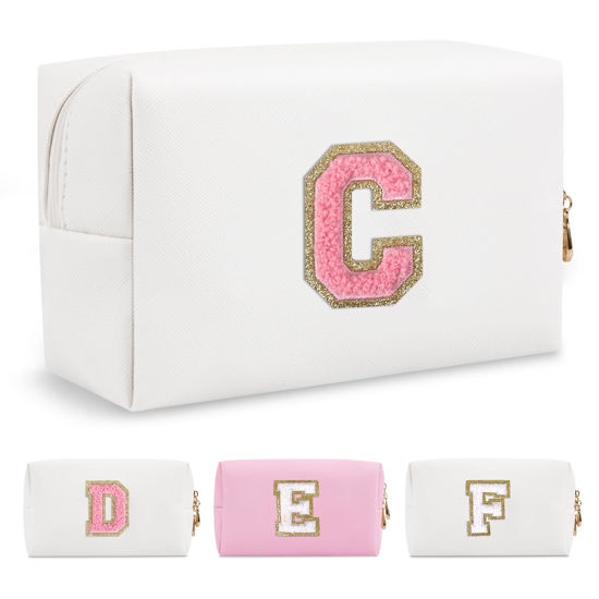 Picture of Personalized Makeup Bag Initial A-Z Preppy Patch Bag,Small PU Leather Travel Cosmetic Bag Pouch with Zipper,White Cute Toiletry Bag,Gift Ideal for Teen Girls Women Birthday Friend Mom,Letter C