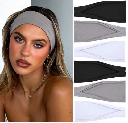 Picture of TERSE Headbands for Women, 4 inches Wide, Non Slip Women's Hair Bands, Stretchy Sweat Bands, Hair Accessories for Yoga Workout Every Day Basic Fashion, Black, White, Grey