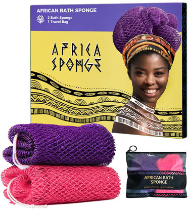 Picture of African Net Sponge Authentic - 2 Pieces Exfoliating Body Scrubber Bath Sponge - Back Scrubber Washcloth for Shower with Travel Bag - Real African Scrub Exfoliator Body Care Bathing Accessorie