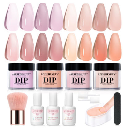 Picture of AZUREBEAUTY Dip Powder Nail Starter Kit, 4 Colors Translucent Jelly Nude Gentle Pink Dipping Powder System Liquid Set with Base & Top Coat Activator for French Nail Art Manicure Salon DIY