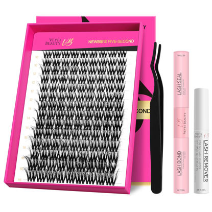 Picture of VEYESBEAUTY Lash Clusters Kit Fluffy Individual Lash Extensions VBmuse 3D Layered Volume Eyelashes kit Thin & Invisible Band Wispy Faux Mink Lash Mixed Length 10-18mm with Bond&Seal Remover Applicator