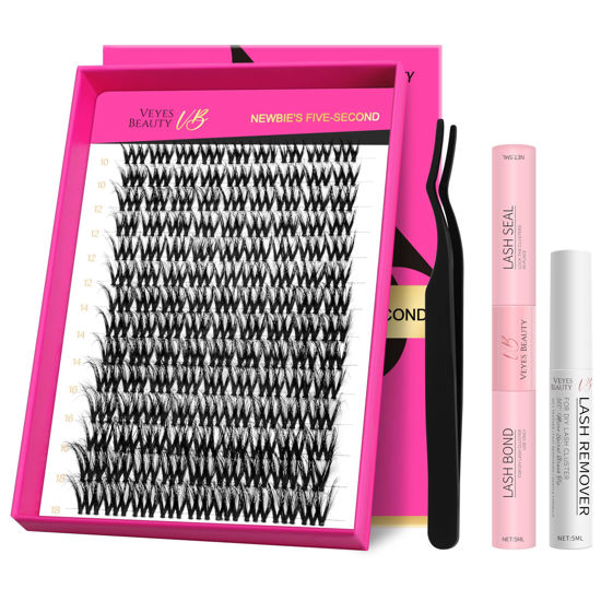 Picture of VEYESBEAUTY Lash Clusters Kit Fluffy Individual Lash Extensions VBmuse 3D Layered Volume Eyelashes kit Thin & Invisible Band Wispy Faux Mink Lash Mixed Length 10-18mm with Bond&Seal Remover Applicator