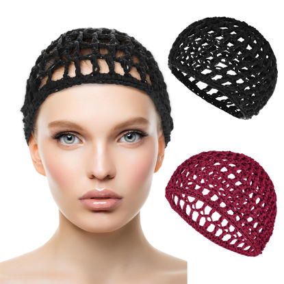 Picture of WLLHYF Hair Net Wrap For Sleep 2 PCS Mesh Nets Cap Snoods Cover Sleeping Knit Hairnets Elastic Head Wrap Bathing Shower Caps Wig Hairnet Crochet Sew Weave Press Weaving Braided Bonnet(Black/Red)