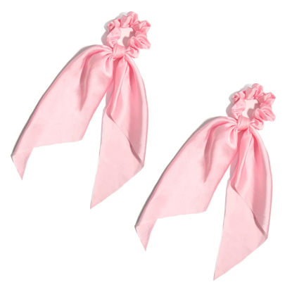 Picture of Pack of 2 Knotted Bow Hair Scrunchies Elastic Hair Scarf Black Hair Ties Bands Satin Hair Ribbon Scrunchy Red Ponytail Holder for Women and Girls (Light pink)