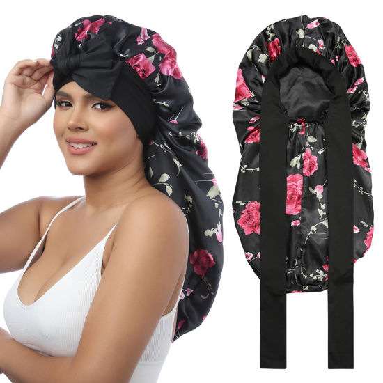 Picture of AWAYTR Long Satin Bonnet for Women - Double Layer Elastic Silk Bonnet for Braids Hair Sleeping Cap with Tie Band (Flower C)