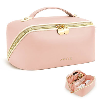 Picture of Prite Travel Cosmetic Bag Makeup Organizer Bag For Women Large Capacity Waterproof PU Leather Toiletry Bag with Handle and Clear Divider(Large Pink)