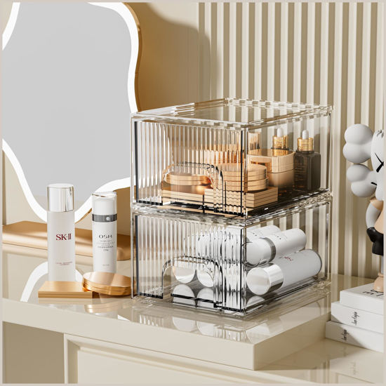 Picture of ZHIAI 2 Pack Clear Stackable Cosmetic Organizer, Acrylic Drawer, Plastic Organizer for Dresser, Vanity, Kitchen Cabinet, Pantry, Home Organization and Storage