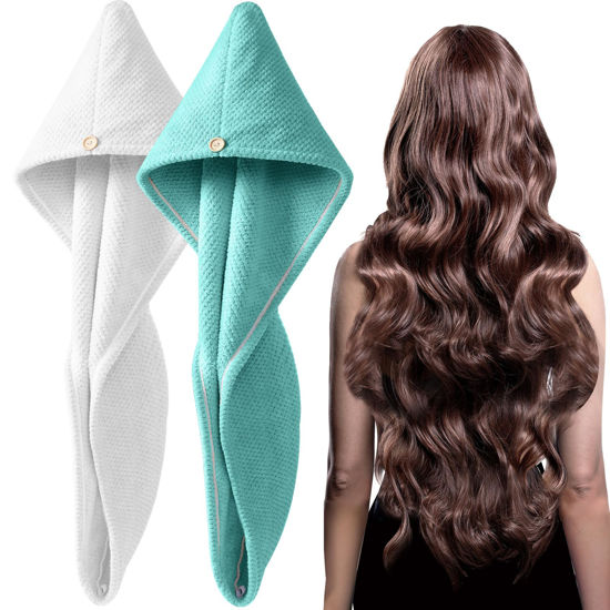 Picture of YFONG 2 Pack Large Microfiber Hair Towel Wrap for Women, Thicken Super Absorbent Quick Dry Hair Turban for Drying Curly Long Thick Hair Anti Frizz, Hair Drying Towel with Button for Wet Hair