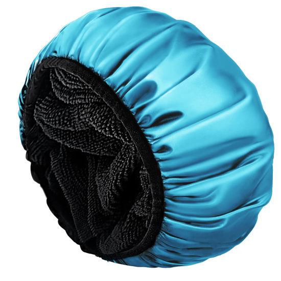 Picture of Aquior Shower Cap,Extra Large Triple Layer Bathing Cap with Dry Hair Function for Women Microfiber Terry Cloth Silky Satin 100% Waterproof Reusable Long Hair Bath Caps (Blue)