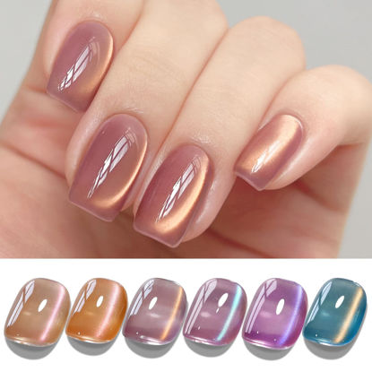 Picture of Double Rhythm Cat Eye Gel Nail Polish Set of 6 Colors Shimmer Glitter with Magnet 9D Holographic Reflective Magnetic Nail Polish Kit (Nude Orange Blue Green Purple-Kit 43)
