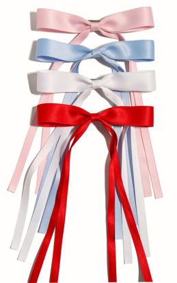 Picture of Women's Hair Clips with Tassels, Ribbon Bowknot & Long Tails - 4pcs Barrettes Claw Clips with Bows (Pink, Light Blue, White, Red)