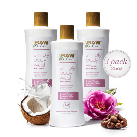 Picture of RAW SUGAR Simply Body Wash, Beach Rose + Coconut Milk + Shea (25 Fl Oz, Pack of 3) Sensitive Skin Bath Soap, Formulated without Sulfates & Parabens