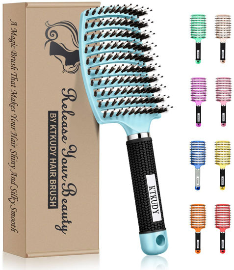 Picture of KTKUDY Detangling Brush Boar Bristles Hair Brush Make Hair Shiny & Healthier Curved and Vented Detangler Brush for Women Men Kids Wet and Dry Hair (light Blue)