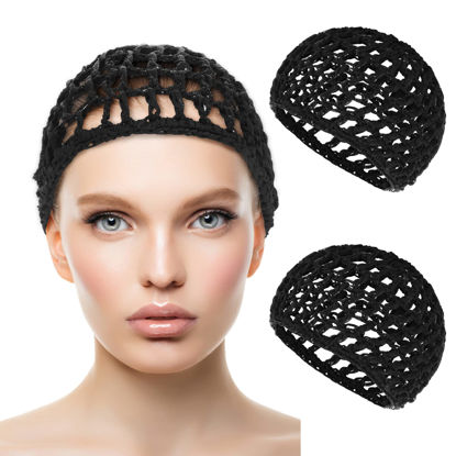 Picture of WLLHYF 2 PCS Hair Nets Cap Sleeping Hairnet Snoods Wrap Bonnets Long Straight Curl Wig Head Protector Black Mesh Wrapping Crochet Wave Cook Hats Bun Lift Strap Weaving Sew For Women Ballet
