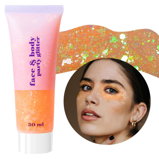 Picture of DAGEDA Body Glitter Gel, Face Glitters Body Gel Sequins Shimmer Liquid Eyeshadow, Chunky Glitter for Face Hair Nails, Holographic Cosmetic Laser Powder Festival Glitter Makeup 1.7oz (Coral)
