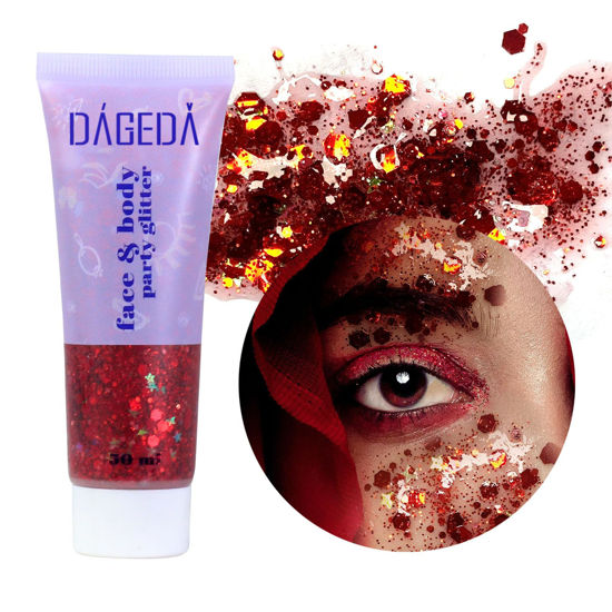 Picture of DAGEDA Body Glitter Gel, Face Glitters Body Gel Sequins Shimmer Liquid Eyeshadow, Chunky Glitter for Face Hair Nails, Holographic Cosmetic Laser Powder Festival Glitter Makeup 50ml(Red)