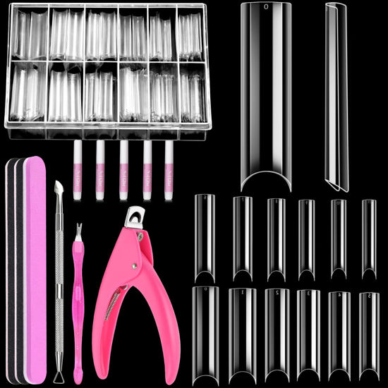 Picture of MORGLES Clear Tapered Square Nail Tips, 240 Pcs XXL Extra Long Straight C Curve Nail Tips 12 Sizes Half Cover French Clear for Acrylic Home DIY with Box