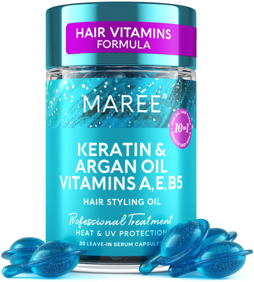 Picture of MAREE Hair Oil for Frizzy - Hair Vitamins A, E & B Keratin Styling Capsules with Jojoba & Argan Oil - Anti Frizz Serum for Women - Frizzy, Damaged, Dry and Curly - Sérum Gotas & Aceite Para el Cabello