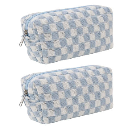 Picture of SxoSyo 2 Pcs Cosmetic Bags for Women Makeup Bag Purse Travel Toiletry Zipper Storage Pouch Make up Brushes Organizer for Gifts (Checkered, Blue 2)