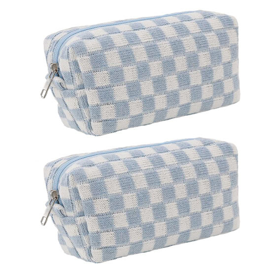Picture of SxoSyo 2 Pcs Cosmetic Bags for Women Makeup Bag Purse Travel Toiletry Zipper Storage Pouch Make up Brushes Organizer for Gifts (Checkered, Blue 2)