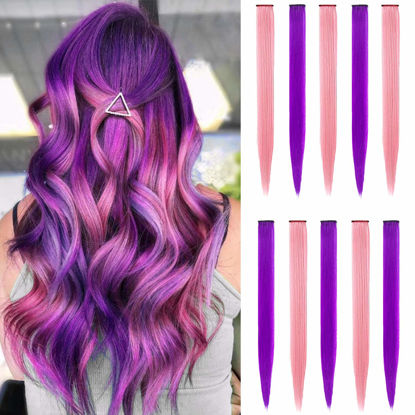 Picture of LADYAMZ Colored Hair Extensions 10 PCS, Colorful Party Highlights Clip in Synthetic Hair Extensions, Purple and Princess Pink Hairpieces for Christmas Girls Women Kids Party Favors Hair Pieces 22 In