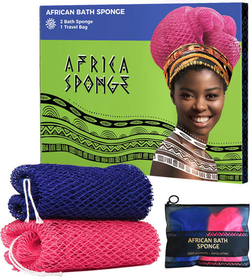 Picture of African Net Loofah Sponge - 2 Pieces Black Owned Authentic Body Sponges - Exfoliating Wash Cloths for Showering Pink & Blue - Back Scrubber Exfoliator Shower Sponge for Body Bath Accessories