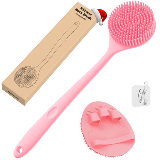 Picture of Manmihealth Silicone Back Scrubber(Thick Bristles) & Soft Bath Glove Set, Super-Exfoliating Body Scrubber & Super-Lathering Shower Brush Combination, with a Free Hook.(Pink)