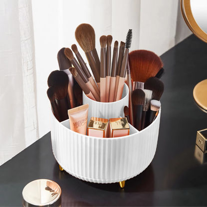 Picture of Diesisa Makeup Brush Holder Organizer,360° Rotating Makeup Brush Organizer,5 Slot Make up Brushes Cup for Cosmetics, Nail Polish, Art Supply, Bathroom Vanity Desktop Organizer - White