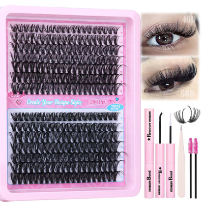 Picture of ALICE DIY Lash Extension Kit Natural Lash Clusters Kit 40D+50D Wispy Fluffy Eyelash Extension Kit 10-18mm Individual Lashes 280pcs with Lash Glue Bond and Remover Lash Applicator for Beginners