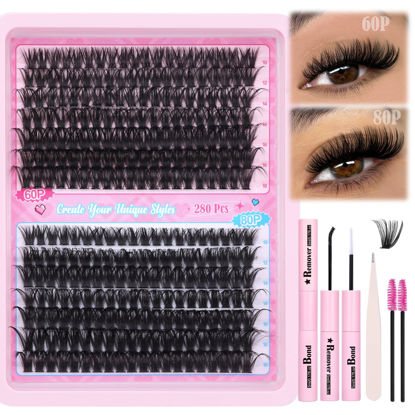 Picture of ALICE Eyelash Extension Kit Fluffy Volume Lash Clusters Kit Individual Lashes with Lash Glue Bond and Remover Self Application for Lash Extension Beginners (60D+80D, D Curl, 10-18mm, 280pcs)