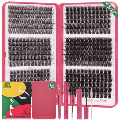 Picture of Lash Clusters 432pcs-Eyelash Clusters 11-18mm Lash Extension Kit Fluffy Lash Clusters Kit Eyelash Extension Kit,D Curl Cluster Eyelash Extensions With Bond Seal Remover applicator
