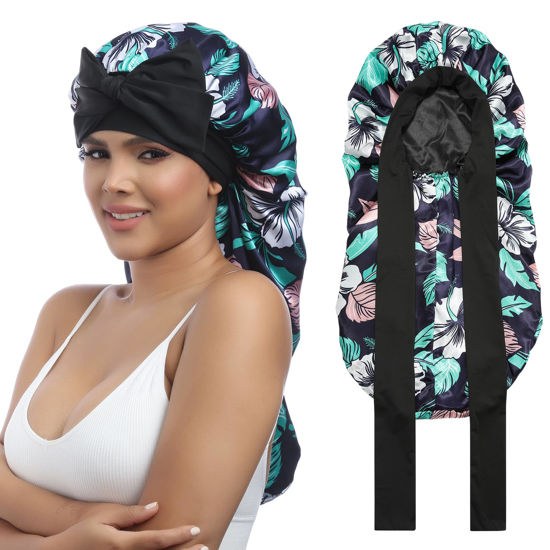 Picture of AWAYTR Long Satin Bonnet for Women - Double Layer Elastic Silk Bonnet for Braids Hair Sleeping Cap with Tie Band (Flower D)