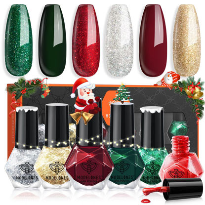 Picture of Modelones Christmas Nail Polish Set 6 Colors Red Green Glitter Mini Nail polish Set Gold Silver Nail Polish Kit Quick Dry Nail Polish Manicure Nail Art Manicure DIY Home Salon Gift for Women Mom
