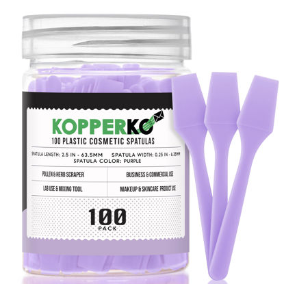 Picture of Kopperko 100 Pack 2.5 Inch Cosmetic Spatulas - Small Plastic Spatula for Cosmetics, Creams, & Crafts | Makeup Spatula or Multipurpose Mini Applicator for Mixing, Skincare, or Scraping Jars | Purple