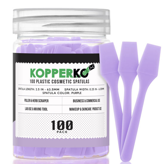 Picture of Kopperko 100 Pack 2.5 Inch Cosmetic Spatulas - Small Plastic Spatula for Cosmetics, Creams, & Crafts | Makeup Spatula or Multipurpose Mini Applicator for Mixing, Skincare, or Scraping Jars | Purple